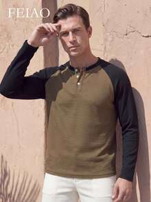 FEIAO Men's Vintage "Old Money Style" Rich Colorblock Long Sleeve Polo Shirt, Suitable For Daily Commute, Loose Fit - Multicolor - View 4