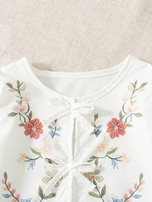 Girls' Casual Fashion Loose Blouse With Round Neck, Ruffle Flutter Sleeves, Front Tie Design, Colorful Floral Embroidery And Ruffle Hem, Spring/Autumn - White - View 4