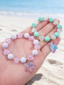 6Pcs/Set Kids Cute Ocean Animal Colorful Beaded Bracelet With Glitter Octopus Starfish Dolphin Charm Children Girls Holiday Party Accessories - Multicolor - View 5