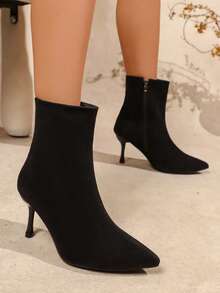 Sepatu bot ankle hak tinggi stiletto ujung runcing suede hitam murni musim gugur/musim dingin, elastis, ritsleting samping, mudah dipakai, melangsingkan dan menambah tinggi badan, gaya urban modern dan dewasa, penting untuk bepergian, kencan, dan pesta. - Hitam - View 6