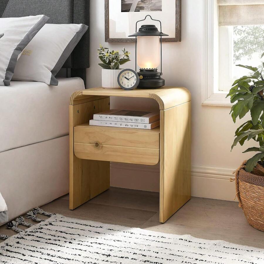 Mesita de noche moderna de madera maciza con muebles de noche con un cajón de almacenamiento y estante abierto, moderno organizador de mesas auxiliares para sala de estar, pasillo y - Camel - Ver 1
