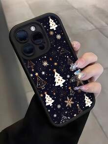 Matte Stepped Eye Frame Phone Case, Black Matte Phone Case, Gold Snowflake & Christmas Tree Pattern Anti-Drop Soft TPU Phone Protective Cover, Raised Camera Frame Anti-Drop Protection Women's Phone Case, Compatible With Apple 11, 12, 13, 14, 15, 16, 17, 18 Pro Max. Minimalist Neutral Style Phone Case, Specially Designed For Women - Black - View 3