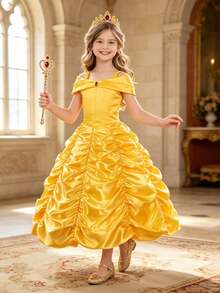 Young Girl Yellow Pleated Detail Princess Formal Dress - Multicolor - View 3