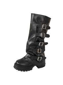 Women's Tall Boots With Belt Buckle, Retro Boots, Ruched Stacked Boots, Thick Sole Leggings Boots, Motorcycle Boots - Black - View 1