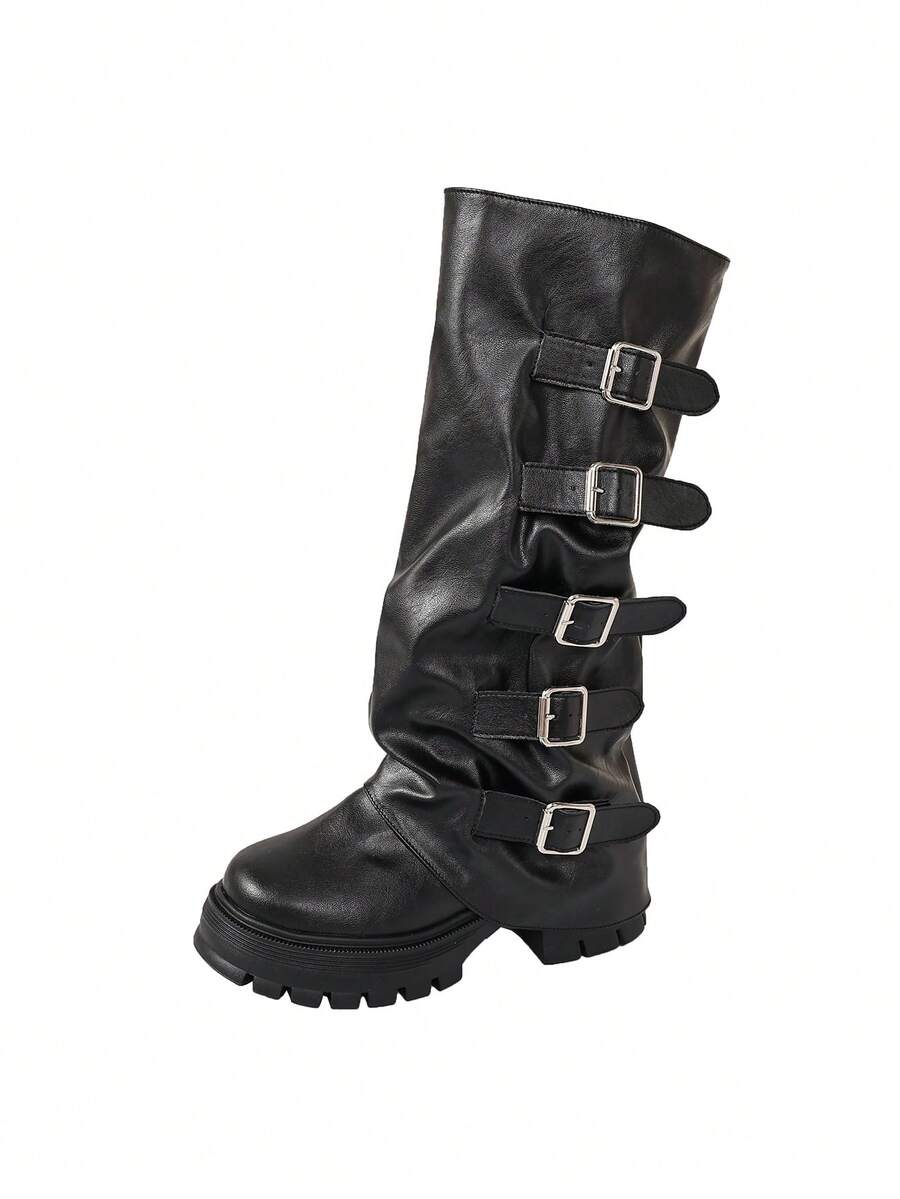 Women's Tall Boots With Belt Buckle, Retro Boots, Ruched Stacked Boots, Thick Sole Leggings Boots, Motorcycle Boots - Black - View 1
