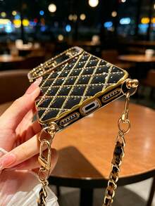 1 pieza Funda de teléfono con cadena cruzada de cuero con estampado de leopardo, estilo nuevo acolchado con diamantes electrochapados de strass, compatible con iPhone, material TPU - Multicolor - Ver 5
