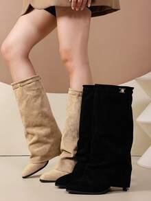 Women's Slouchy Knee-High Kitten Heel Boots, Fold-Over Buckle High-Shaft Boots, Suitable For Daily Commute And Party Outfits - Khaki - View 8