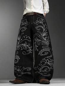 Men's Japanese‑Style Jeans, Simple Embroidery On Front & Back, Baggy Wide‑Leg Trousers, Loose Daily Wear Pants For All Seasons (No Belt & Accessories) - Black - View 1