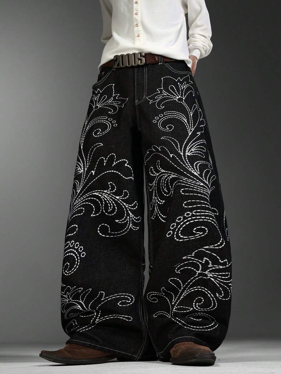 Men's Japanese‑Style Jeans, Simple Embroidery On Front & Back, Baggy Wide‑Leg Trousers, Loose Daily Wear Pants For All Seasons (No Belt & Accessories) - Black - View 1