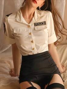 COSPLAY Police Uniform 3 Pieces Set, Nightclub Performance Costume, Flight Attendant Role Play Uniform, Valentine's Day Halloween Women's Costume Outfit - White - View 1
