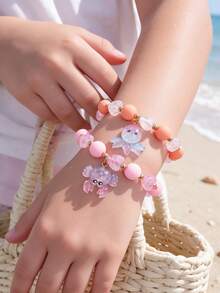 6Pcs/Set Kids Cute Ocean Animal Colorful Beaded Bracelet With Glitter Octopus Starfish Dolphin Charm Children Girls Holiday Party Accessories - Multicolor - View 4