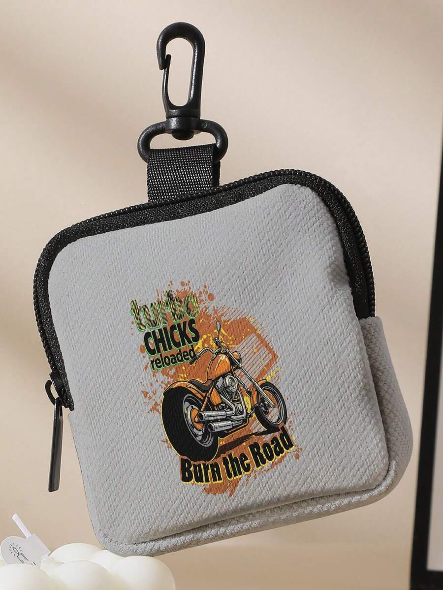 1pc Motorcycle Axe Print Grey Mini Coin Purse, Zipper Closure Small Pouch With Swivel Hook For Earphones Coins Keys Small Items, Can Hang On Backpack - Grey - View 1