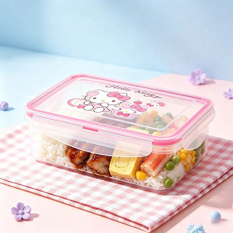 Miniso Sanrio Characters Series Rectangular Four‑Side Buckle Food Storage Box, Hello Kitty Printed Airtight Lunch Container, Leak‑Proof Fresh‑Keeping Box, Portable Holder For Fridge, Student & Kitchen‑1pc - View 1