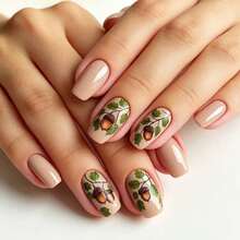 24pcs Medium Glossy Pine Cone Pattern Green Leaf Fake Nails, Removable & Reusable Press-On Nail Tips, Ready-To-Wear Manicure Stickers In Box, Convenient For Travel, Parties, Events And Outings - Green - View 10