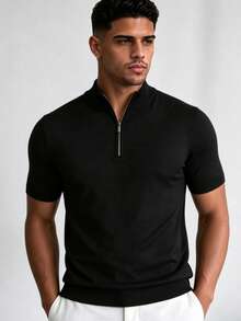 ZYNTH BALENO Men's Summer Fashion Zipper Short Sleeve Knit Shirt, Suitable For Fitness, Cycling, Running Sports, Black - Black - View 1