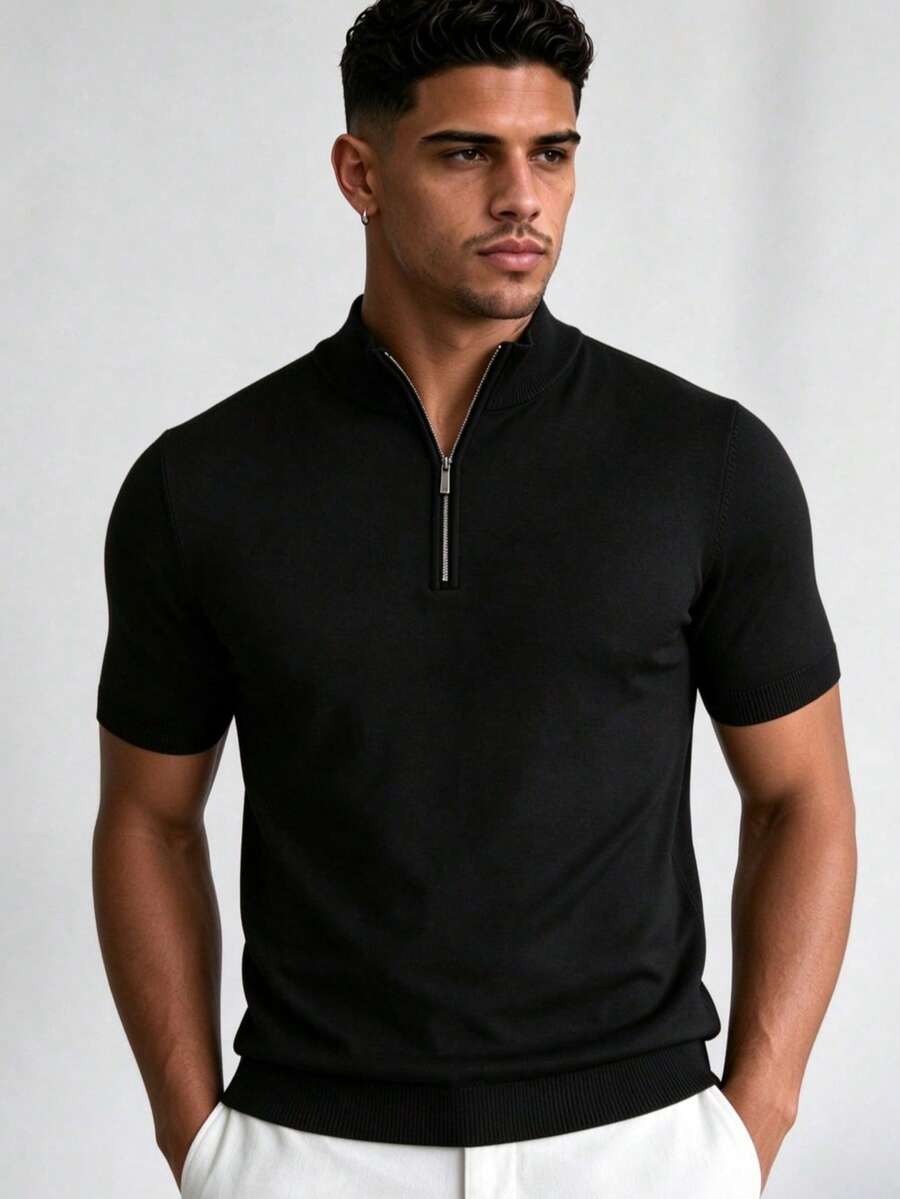 ZYNTH BALENO Men's Summer Fashion Zipper Short Sleeve Knit Shirt, Suitable For Fitness, Cycling, Running Sports, Black - Black - View 1