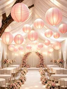 9pcs/Set Elegant Pink Paper Lanterns, Includes 9 Lanterns And 9 Stands, Round Handmade Foldable Decorations, Suitable For Weddings, Birthdays, Anniversaries, New Year Celebrations, Christmas Decor And Halloween Decor - As Shown - View 1