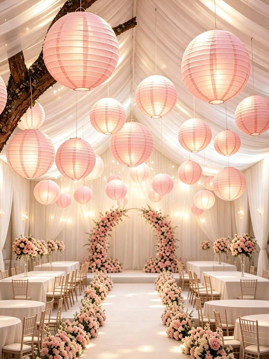 9pcs/Set Elegant Pink Paper Lanterns, Includes 9 Lanterns And 9 Stands, Round Handmade Foldable Decorations, Suitable For Weddings, Birthdays, Anniversaries, New Year Celebrations, Christmas Decor And Halloween Decor - As Shown - View 1