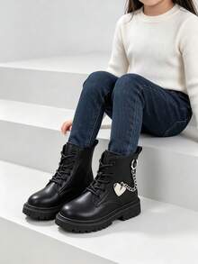 Botas infantiles de otoño nuevo estilo botas para niñas botas para niños medianos-grandes con cremallera lateral suela gruesa con cordones botas de motocicleta para niños antideslizantes estilo británico vintage botas de tobillo botas de media pantorrilla - Negro - Ver 5