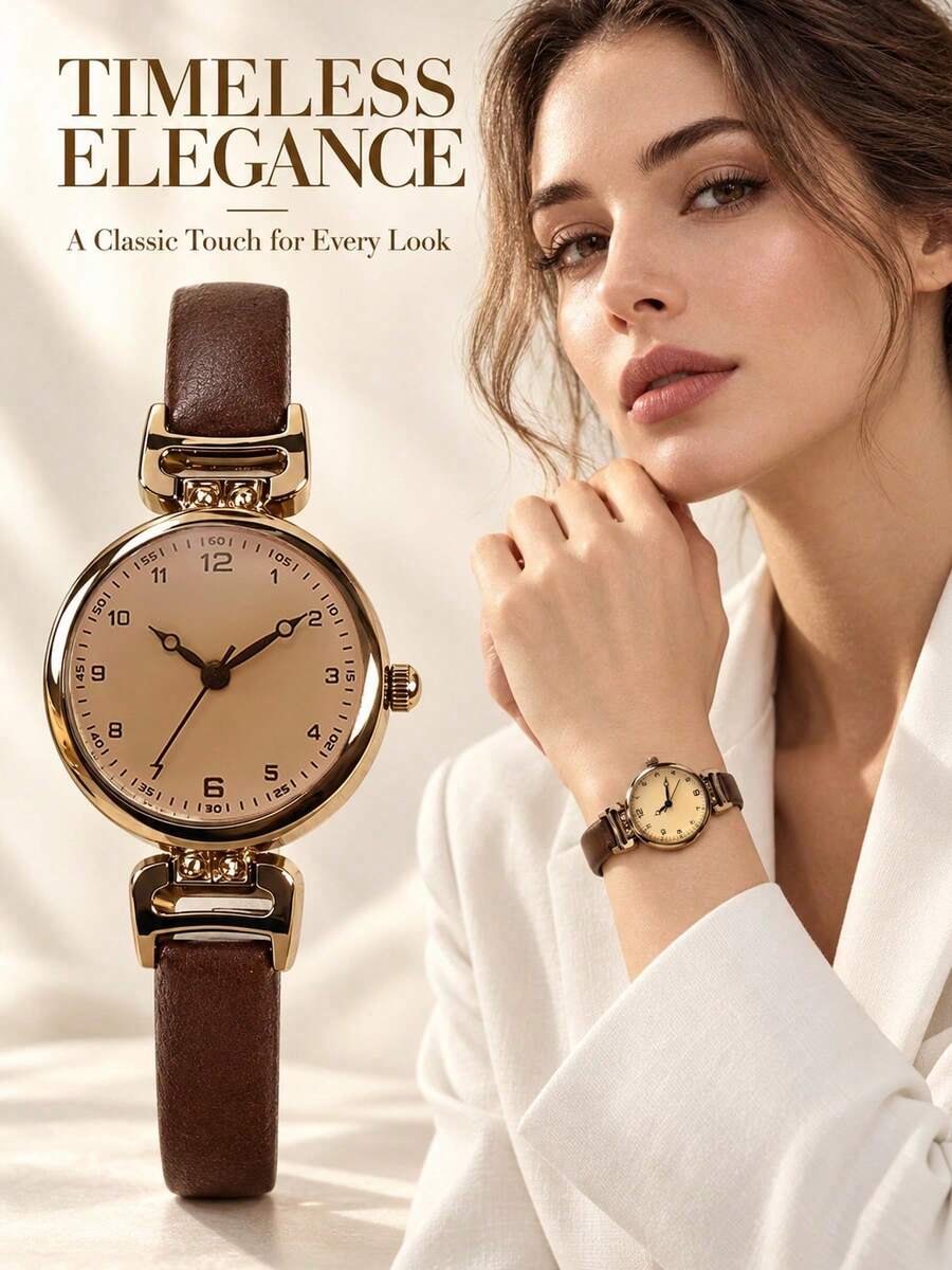 1pc Vintage Women's Student Highly Attractive Luxury British Style Small Dial Quartz Watch - Brown - View 1