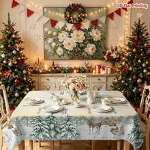 1件裝聖誕森林主題桌布，飾有雪松、馴鹿、狐狸、兔子、小屋與紅莓裝飾，適用於餐桌布置、廚房檯面裝飾、野餐露營墊、派對場景營造、農舍風裝飾、節日氛圍提升及日常桌面美化 - 彩色 - 查看 15