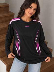 Kaos Olahraga Lengan Panjang Wanita Motif Garis Huruf dan Blok Warna, Kerah Bulat - Hitam - View 8