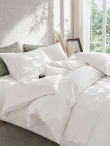 Haus Hana 100% Cotton Simple Color Block Duvet Cover Set (2/3 Pcs), Includes 1 Duvet Cover & 2 Pillowcases, No Filler, Minimalist Solid Color Bedding Set - White - View 1
