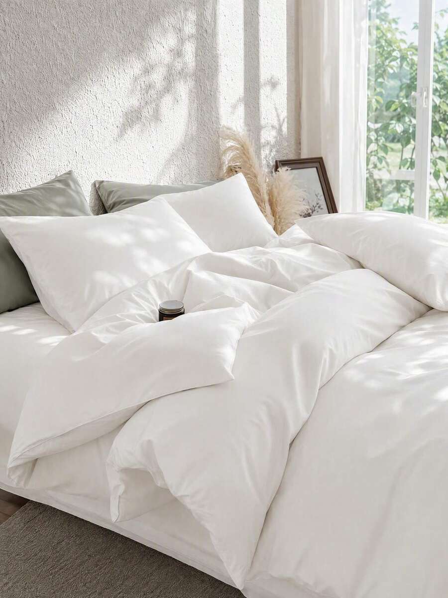 Haus Hana 100% Cotton Simple Color Block Duvet Cover Set (2/3 Pcs), Includes 1 Duvet Cover & 2 Pillowcases, No Filler, Minimalist Solid Color Bedding Set - White - View 1