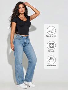 Women's Black Seamless Short Sleeve V-Neck T-Shirt, Shaping Top, Autumn Outfit - Black - View 5
