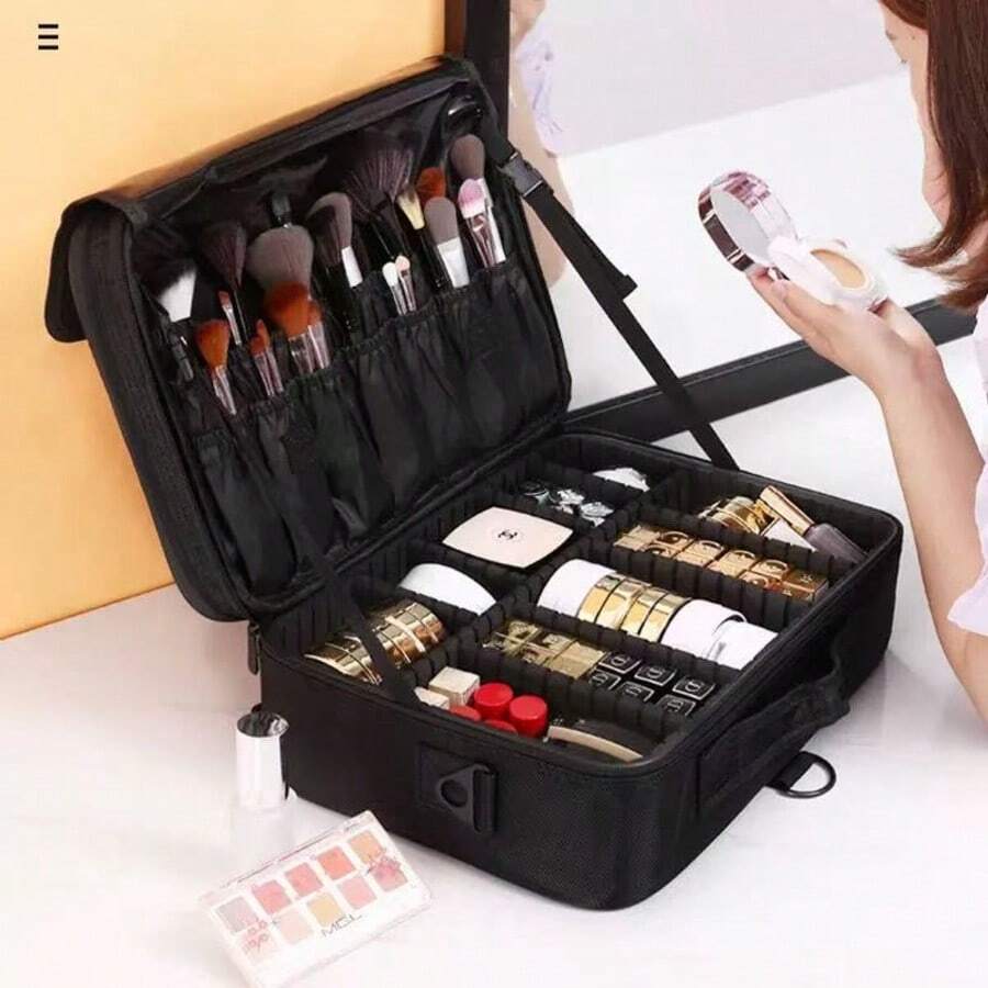 Large-Capacity Professional Cosmetic Case, Can Be Attached To A Trolley Case, Multi-Functional Single-Shoulder And Double-Shoulder Makeup Artist Cosmetic Storage Box, Beauty And Nail Art Storage Box - Black - View 1