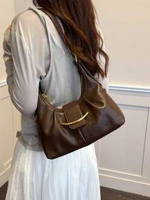 Fashionable Elegant Metal Buckle Decor Women's Shoulder Bag, High-End Minimalist Adjustable Strap Shoulder Bag/Crossbody Bag - Coffee Brown - View 6