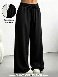 Women's Plus Size Basic Black Loose Cuffed Joggers, Drawstring Waist, Wide Leg Casual Pants - Black - View 7