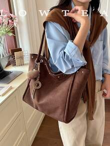 low tea 1pc Minimalist Suede Fabric Shoulder Tote Bag, Suitable For Commuting, Shopping, Etc. (With Pendant) - Coffee - View 10