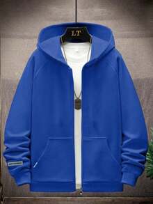 1pc Tween Boys Casual Solid Color Fleece Zip-Up Hoodie Jacket, Warm - Blue - View 3