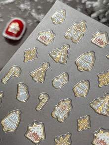 1 Sheet Christmas Nail Stickers, Gold Foil Cute Cartoon Christmas House Design, Popular Self-Adhesive Nail Art Decorations - Multicolor - View 4