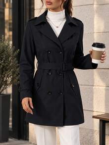 AODSR Women's Black Double-Breasted Trench Coat With Adjustable Belt, Lapel Collar And Pockets For Work And City Wear. - Black - View 3