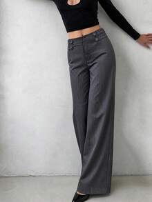 Women's Fall Grey Pinstriped Mid Rise Wide Leg Suit Pants, Office Casual Trousers,Loose Office Work Trousers - Grey - View 5