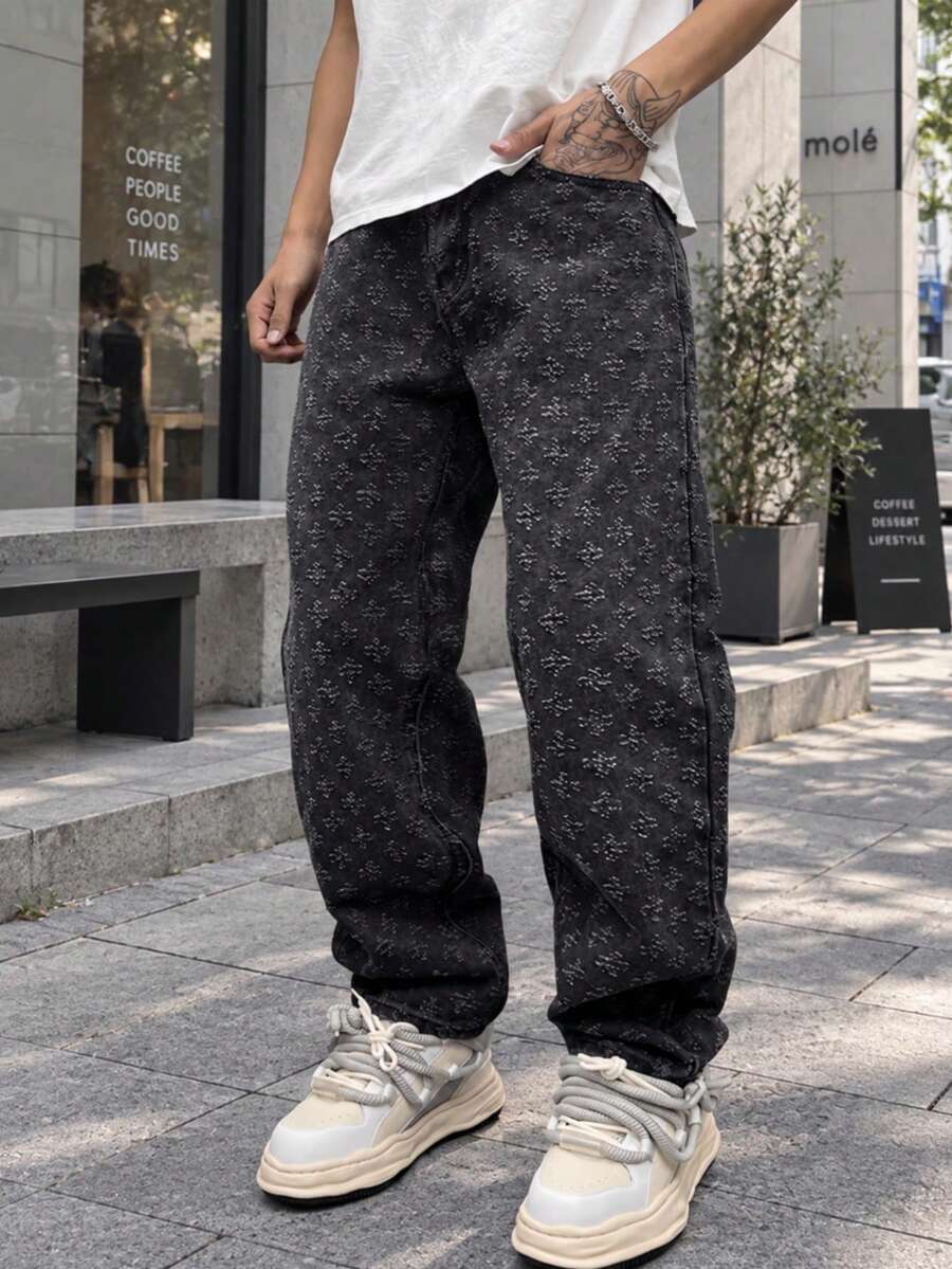 Men's Fashion Street Style Crochet Mid-Waist Straight Leg Loose Non-Stretch Denim Jeans