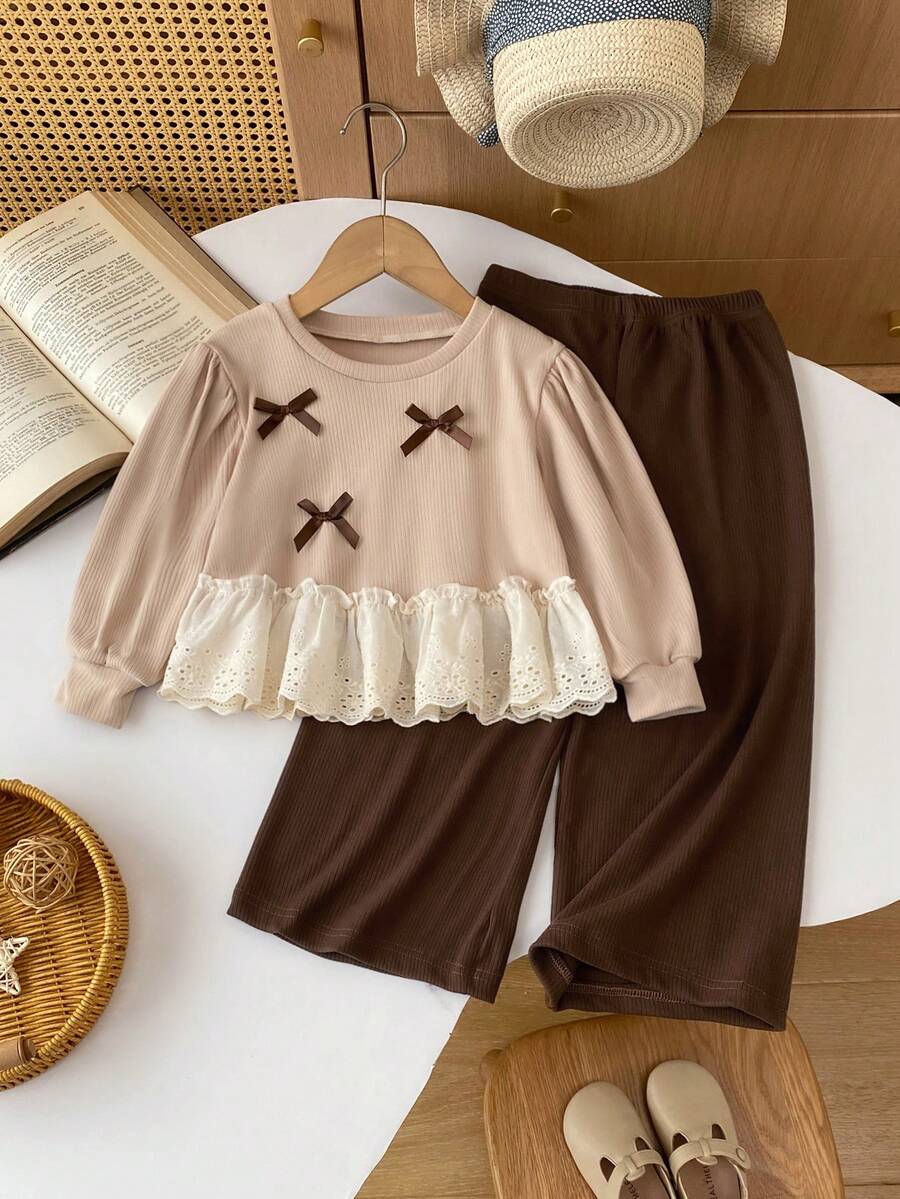 Girls 2-Piece Set Autumn New Fashion Bow Puff Long Sleeve Solid Color Top And Wide Leg Pants Outfit Children's Clothing - Khaki - View 1