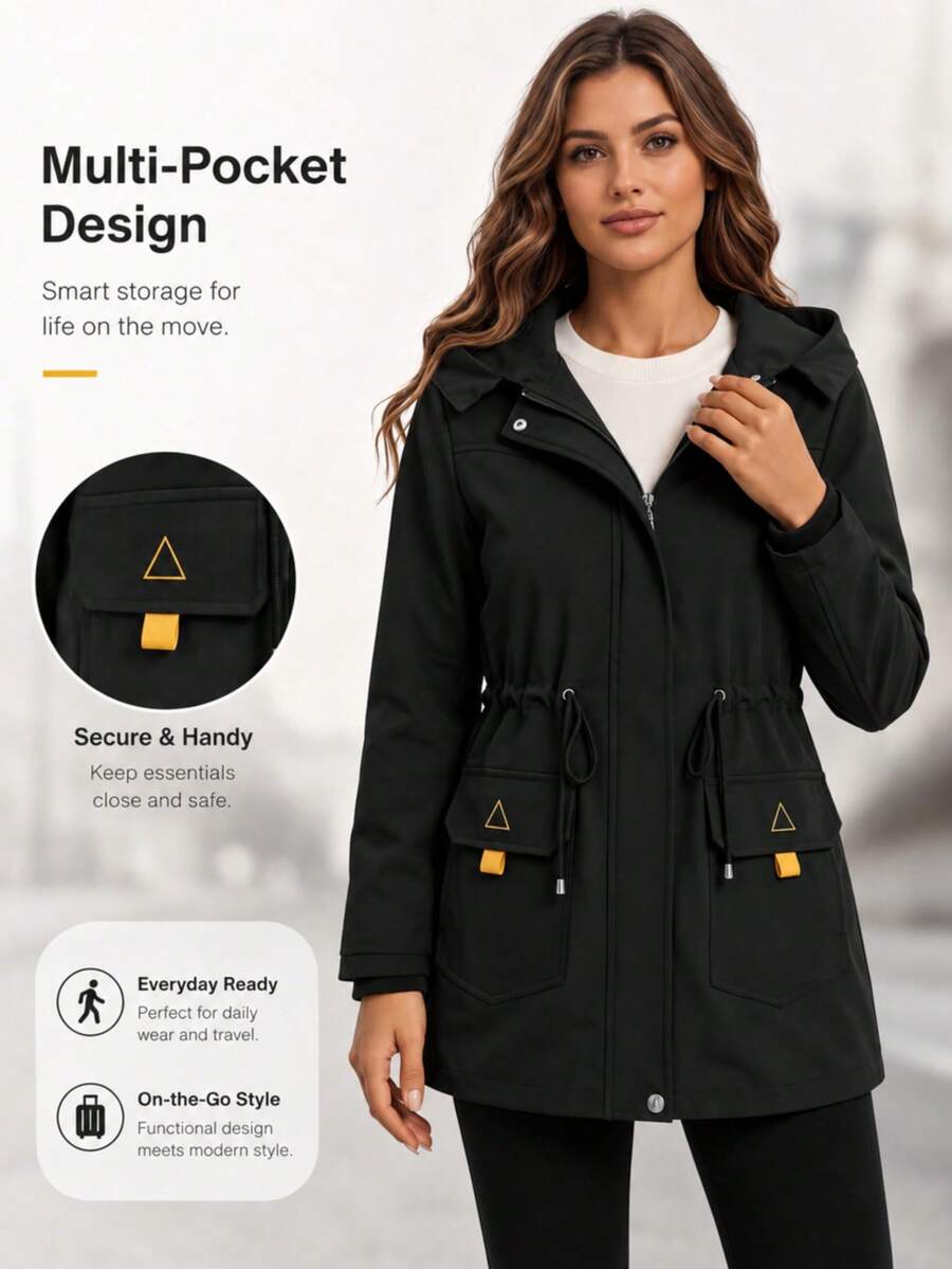Women's Black Hooded Mid-Length Jacket With Cinched Waist, Zip Front, Flap Pockets And Contrast Tabs - Black - View 1