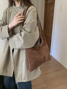 New Faux Suede Large Capacity Casual Shoulder Tote Bag, Colorblock Contrast Rivet Hobo Bag, Elegant Versatile Commuter Bag For Women - Multicolor - View 3