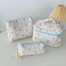 1Pc/Pcs Cute Quilted Blue Bear Cosmetic Bag, Soft Fabric Heart Pattern Makeup Organizer, Travel Toiletry Pouch With Zipper, Multi Sizes Storage Bags - Baby Blue - View 14