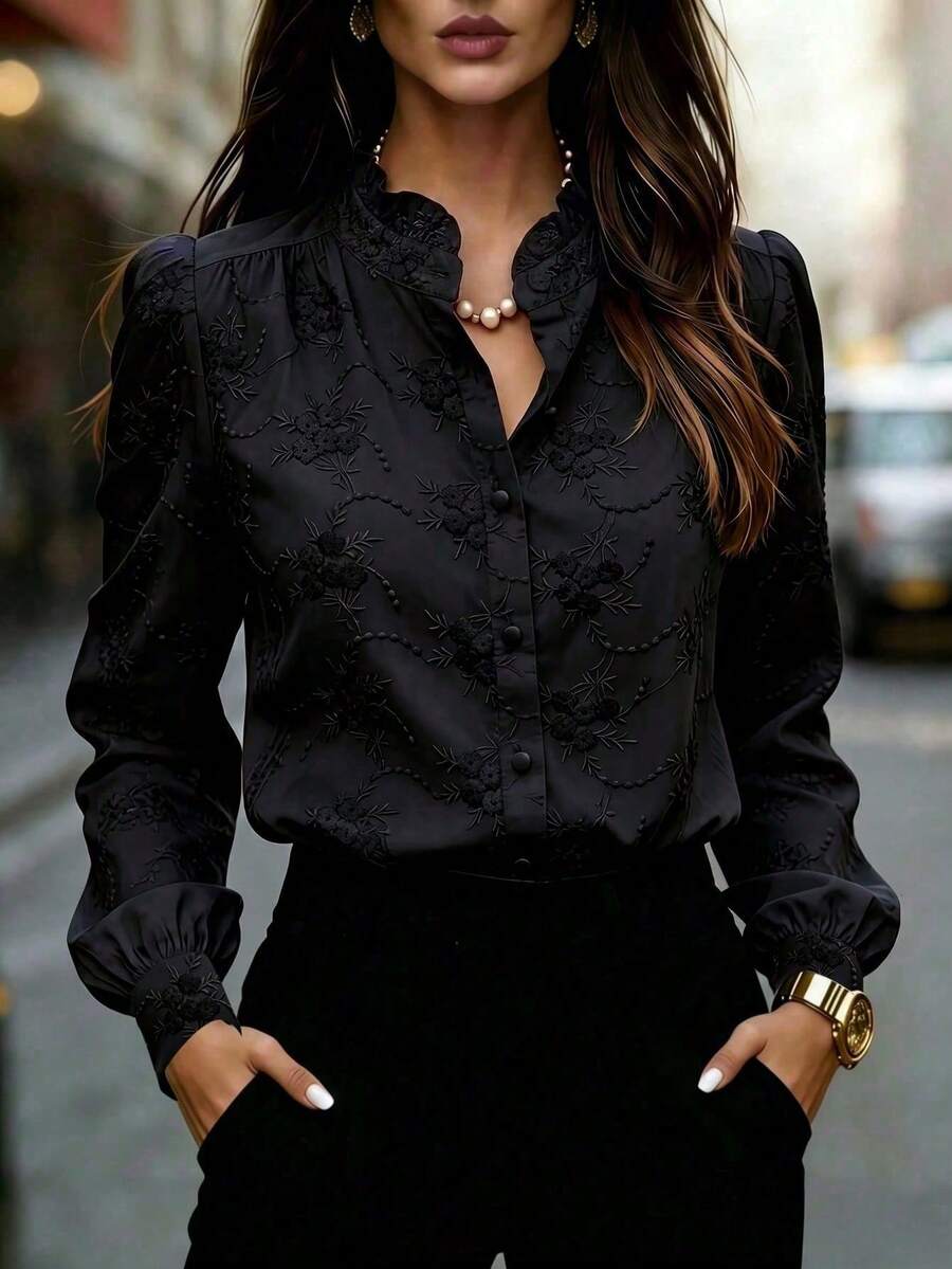 Plus Size Women's Black Sheer Long Sleeve Shirt, Floral Embroidered Lapel Casual Top, Suitable For Business, Office, Work, Home, Spring, Autumn, Winter, All Seasons - Black - View 1