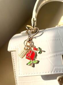Alloy Heart Clasp Keychain, With Red Rose Charms & Embossed Metal Tag, Suitable For Bag Pendant, Car Keychain, Lovely Gift For Birthday & Festival - Multicolor - View 2