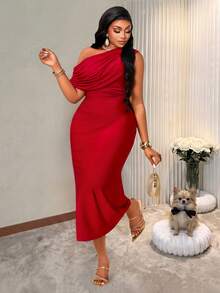 BIUBIU Women's Plus Size Red One Shoulder Long Knitted Dress, Sleeveless Asymmetrical Neck Bodycon Tunic For Party & Date Night Outfits - Burgundy - View 5