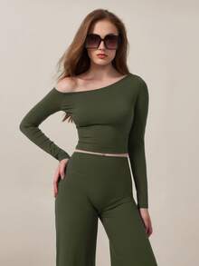 TimeOff Women's One Set Autumn/Winter Pure Elastic Color Asymmetrical Shoulder Slim Fit Soft Skin-Friendly Top And High-Waist Wide-Leg Pants - Olive Green - View 4