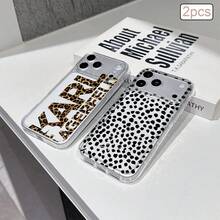 2pcs Leopard Print English Letter TPU Shockproof Full Coverage Precise Protective Case Compatible With Apple 11/12/13/14/15/16/16Pro/16ProMax/17/17pro/17ProMax/18pro 18ProMax - Multicolor - View 1