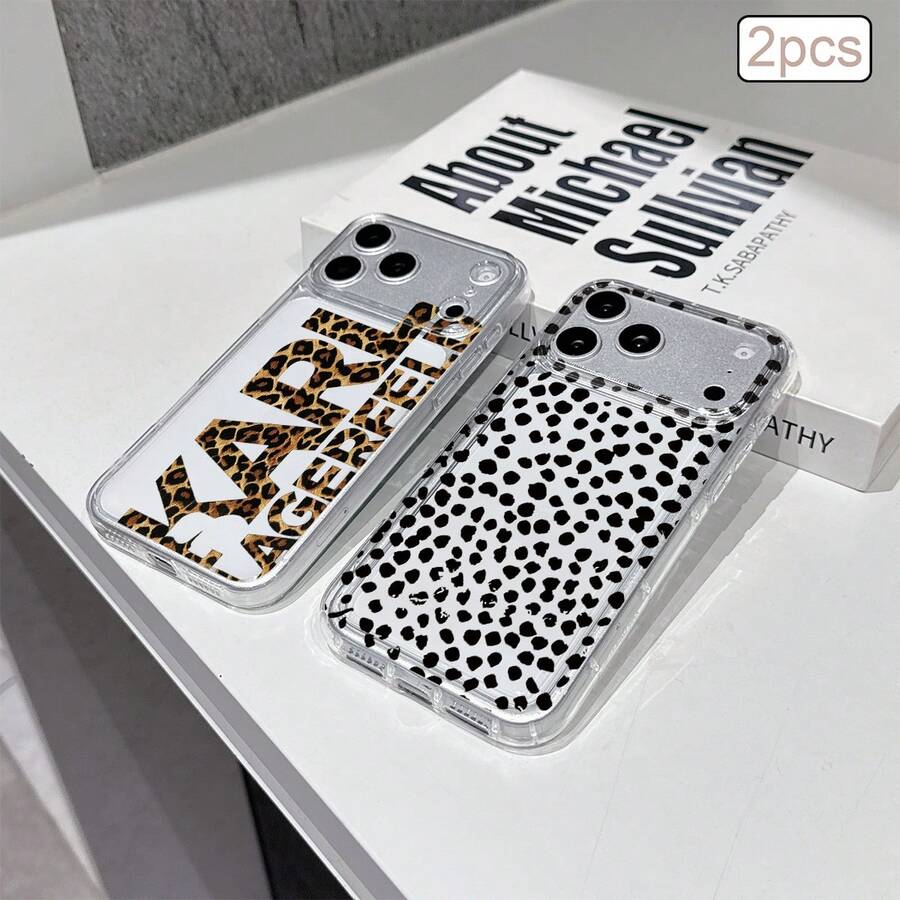 2pcs Leopard Print English Letter TPU Shockproof Full Coverage Precise Protective Case Compatible With Apple 11/12/13/14/15/16/16Pro/16ProMax/17/17pro/17ProMax/18pro 18ProMax - Multicolor - View 1