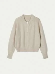 Plus Size Spring/Autumn New Solid Color Round Neck Zip-Up Knit Cardigan For Women, Loose Slouchy Korean Style Elegant Casual Top, Summer Top Fall - Apricot - View 5