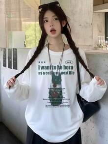 Niche Personalized Cat English Quote Print Long Sleeve T-Shirt, Minimalist All-Match White Stretch Slim Fit Versatile Autumn Base Layer - White - View 7